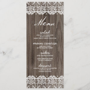 Cartes rustiques de menu de mariage de dentelle et