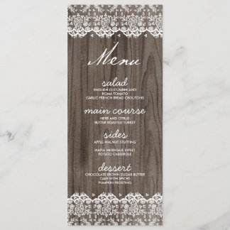 Cartes rustiques de menu de mariage de dentelle et