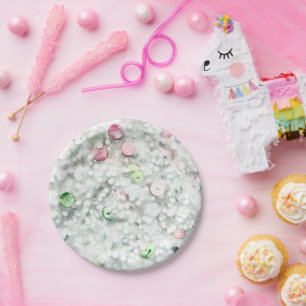 Carton Assiettes Blanches de Fête en Slime Pailleté