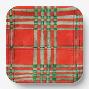 Carton Assiettes carrées en papier TARTAN ROUGE SCOTT 9"