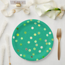 Assiettes de fête en papier vert à spirales et poi