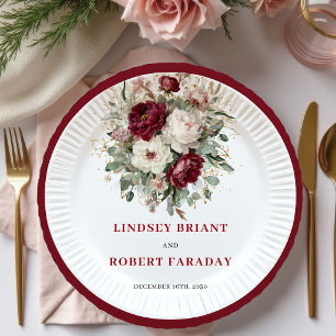 Carton Assiettes en or Eucalyptus Fleurs Rouge Profond Lu