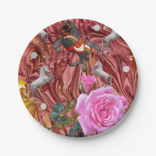 Carton Assiettes en papier, fleurs de rose rose cheval