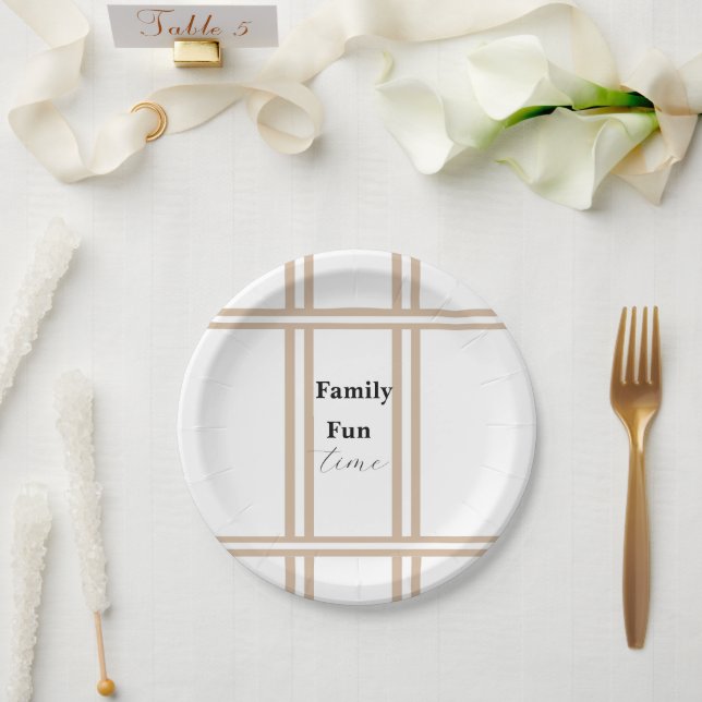 Carton Assiettes en papier, rayure beige et blanc  (Mariage)