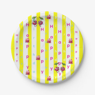 Carton Assiettes en papier, rayure jaune et blanche Anniv