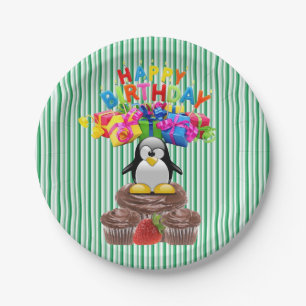 Carton Assiettes en papier, rayures de pingouin joyeux an