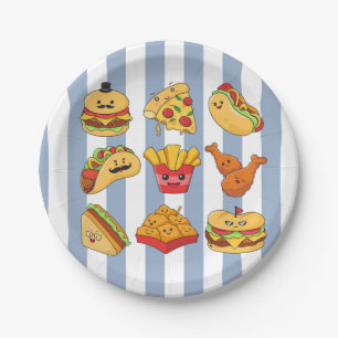 Carton Assiettes en papier, tacos rayés bleu et blanc pou