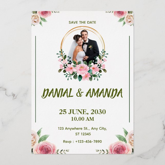 Carton de Faire-Part de Mariage Floral Modifiable  (Recto)