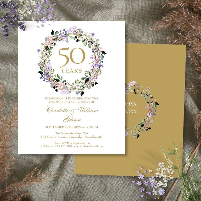 Carton de mariage 50 ans avec fleurs Budget (Budget Floral 50th Wedding Anniversary Invitation)