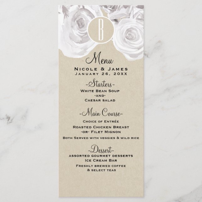 Carton de Menu de Mariage Kraft Roses Rustiques Bl (Devant)