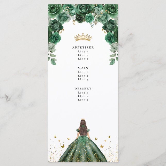 Carton de Menu Faux Feuille Emerald Quinceañera Fl (Devant)