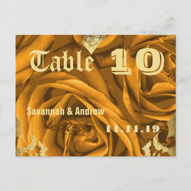 Carton de numéro de table Cœurs d'or Roses et Papi (Devant)