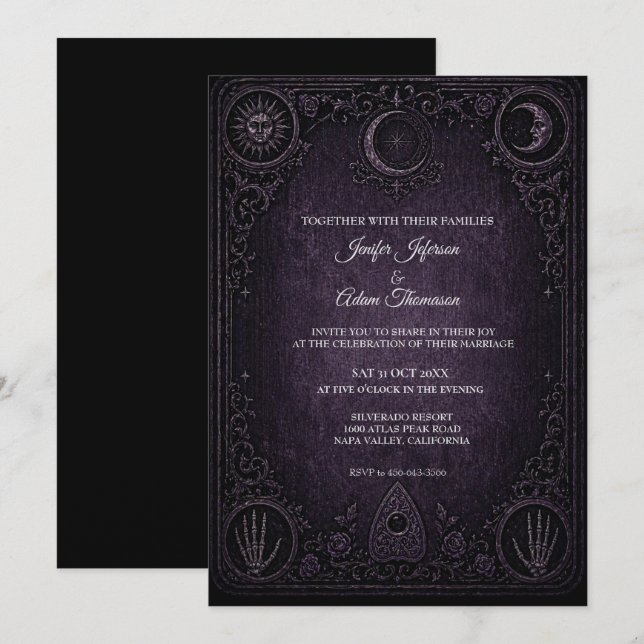 Carton de Oui-ja violet Invitation de mariage goth (Devant / Derrière)