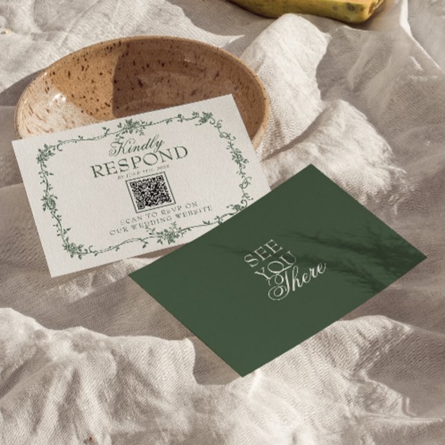 Carton de réponse de mariage à code QR floral vert (Créateur téléchargé)