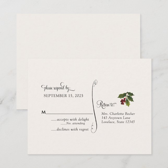 Carton de réponse de mariage au houx de Noël (Devant / Derrière)