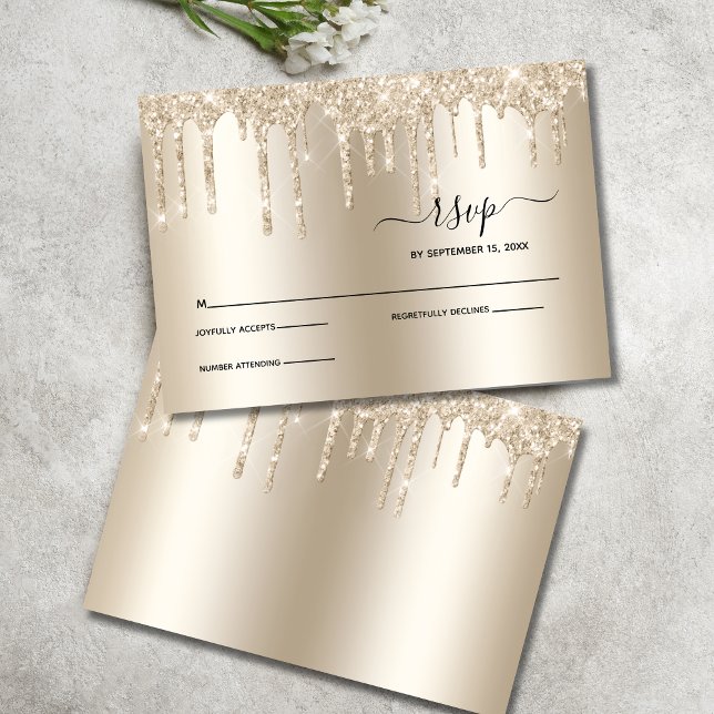 Carton de réponse de mariage élégant avec Champagn (Champagne Dripping Glitter Wedding RSVP card)