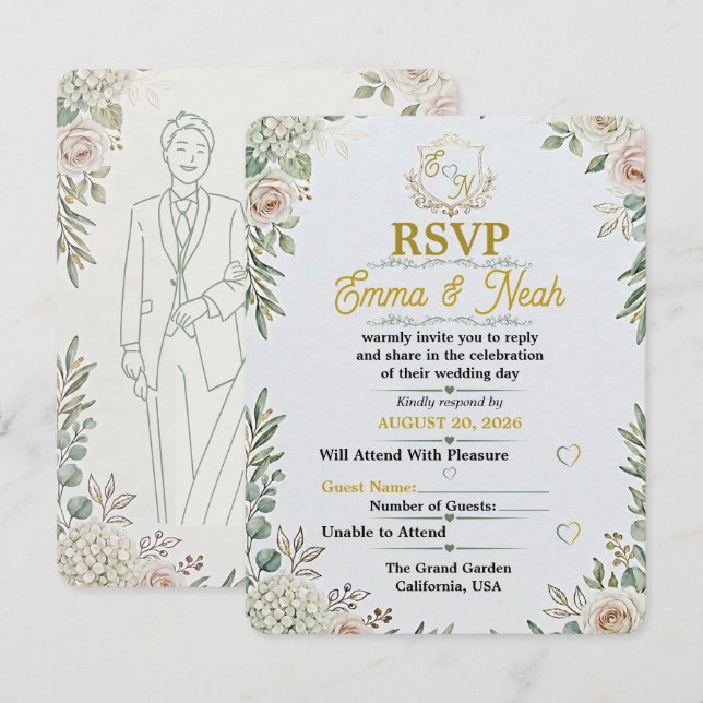 Carton de réponse de mariage élégant or sage (Devant / Derrière)
