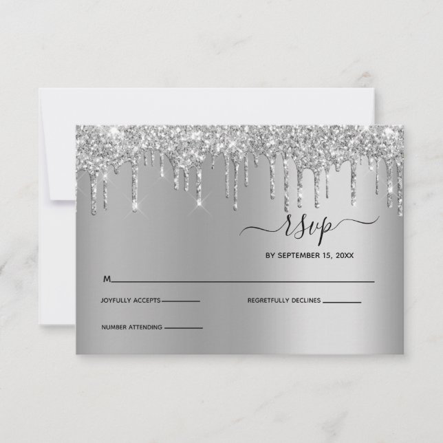 Carton de réponse de mariage élégant Silver Drippi (Devant)