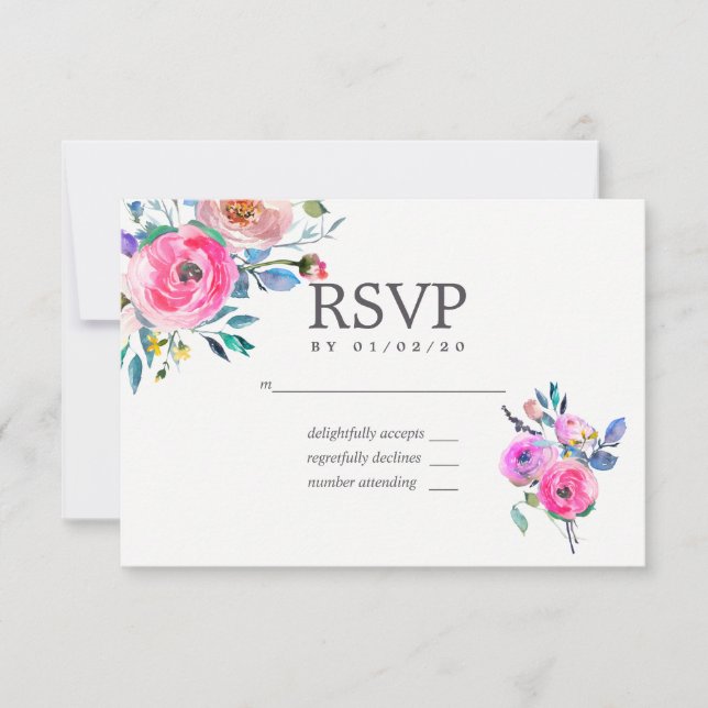 Carton de réponse de mariage floral aquarelle rose (Devant)
