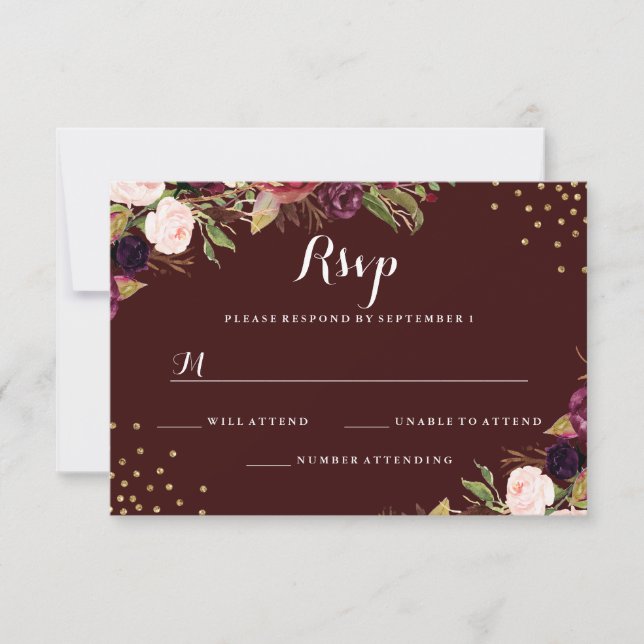 Carton de réponse de mariage floral confetti or Bo (Devant)