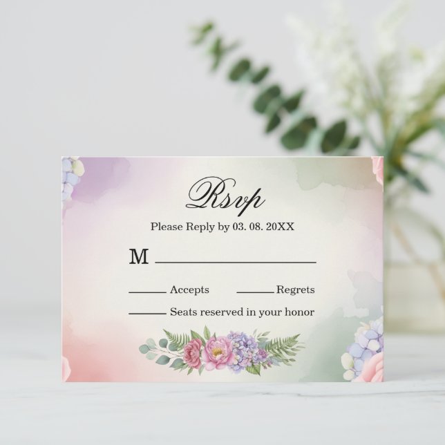 Carton de réponse de mariage Hydrangea Rose Pâle É (Debout devant)