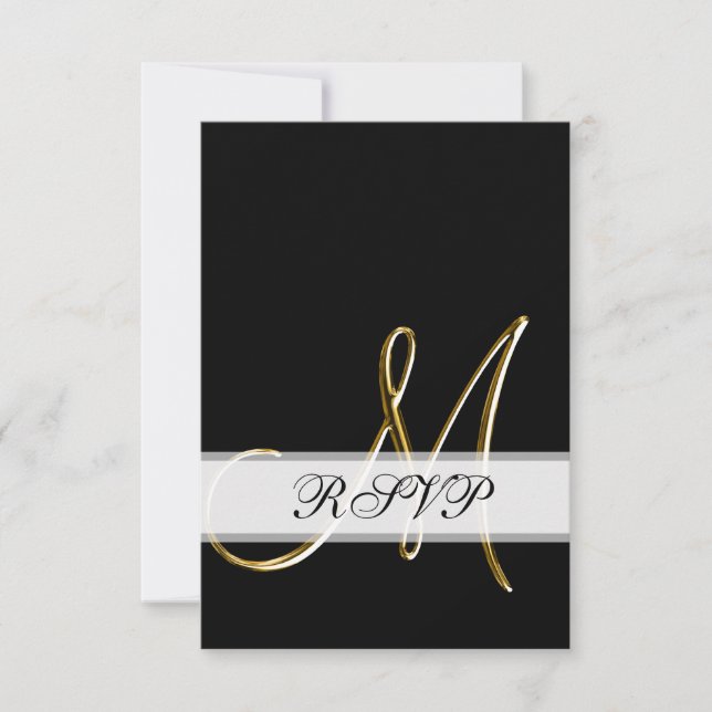 Carton de réponse de mariage Monogramme M Or Noir (Devant)