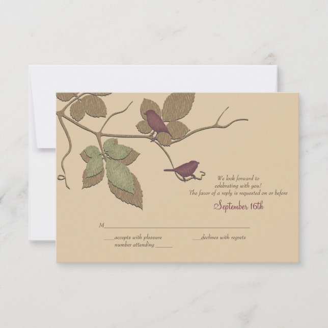 Carton de réponse de mariage Oiseaux et Feuilles q (Devant)