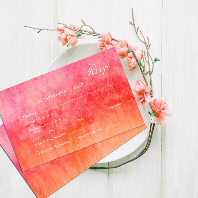 Carton de réponse de mariage rose chaud et orange  (Watercolor Hot Pink and Orange Wedding Rsvp #elegantwatercolorrsvp #gradientpink,#hotpink #bold)