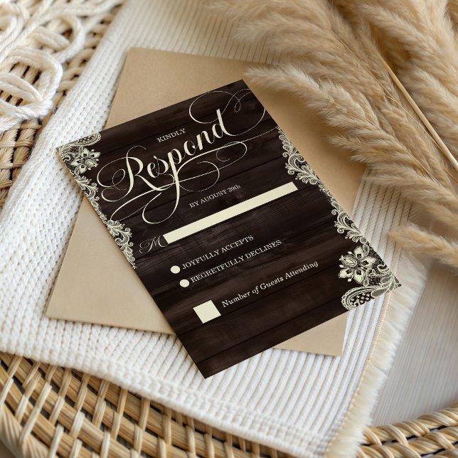 Carton de réponse de mariage rustique Bois foncé e (Dark Wood and Lace Rustic Wedding Response Card)
