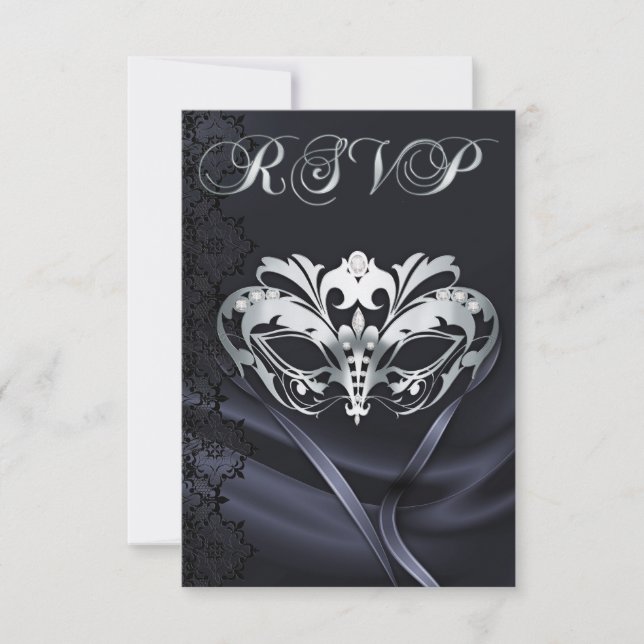 Carton de réponse Invitation Mascarade Argent Noir (Devant)