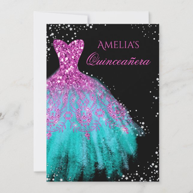 Carton de Robe Rose Turquoise Invitation Quinceane (Devant)