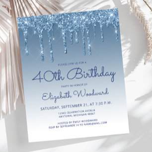 Carton d'invitation 40 ans Budget Glitter Drip Ble