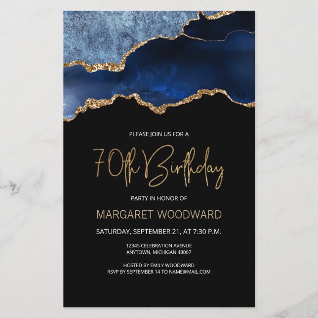 Carton d'invitation 70 ans bleu marine et agate do (Devant)