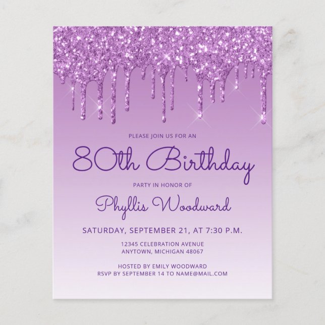 Carton d'invitation 80 ans Budget Glitter Drip Vio (Devant)