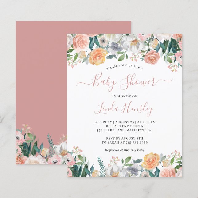 Carton d'invitation à une baby shower Dusty Rose F (Devant / Derrière)