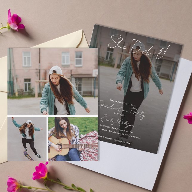 Carton d'invitation à une fête de remise de diplôm (She Did It Modern Photo Graduation Party Invitation | Multi Photo Grad Party Invite)