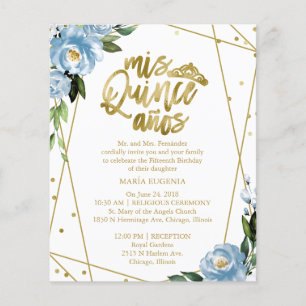 Carton d'invitation bilingue pour Quinceanera Bleu