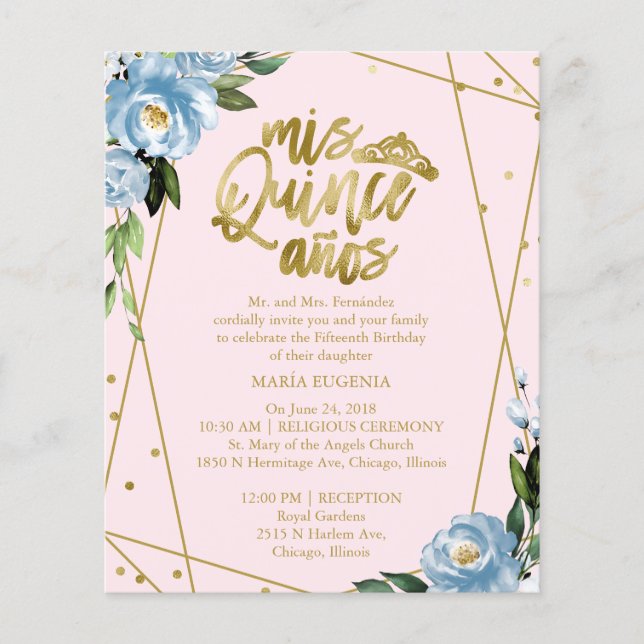 Carton d'invitation bilingue pour Quinceanera Rose (Devant)