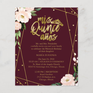 Carton d'invitation bilingue Quinceanera Burgundy