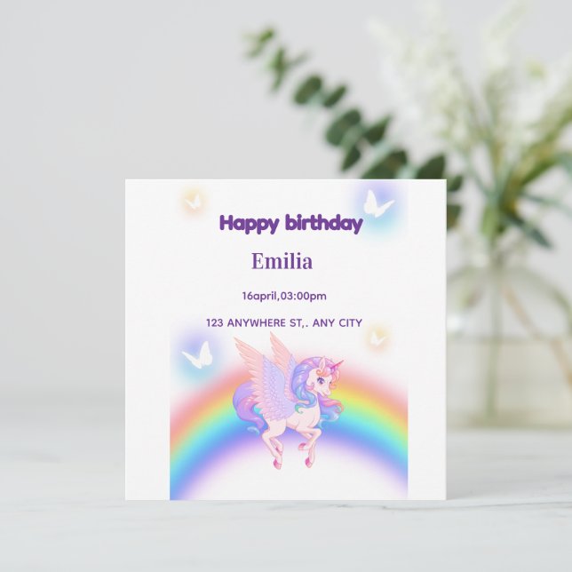 Carton d'invitation d'anniversaire Licorne Arc-en- (Debout devant)