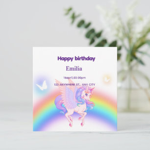 Carton d'invitation d'anniversaire licorne arc-en-