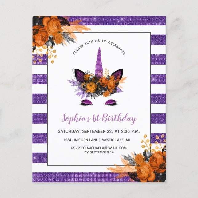 Carton d'invitation d'anniversaire licorne paillet (Devant)
