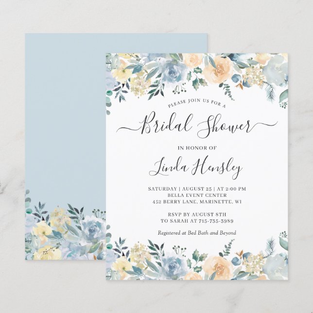 Carton d'invitation de douche de mariage floral bl (Devant / Derrière)