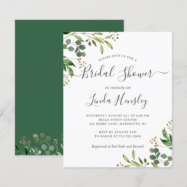 Carton d'invitation de douche de mariée aux feuill (Devant / Derrière)