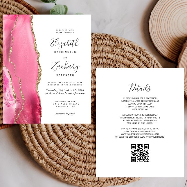 Carton d'invitation de mariage à code QR en or ros (Créateur téléchargé)