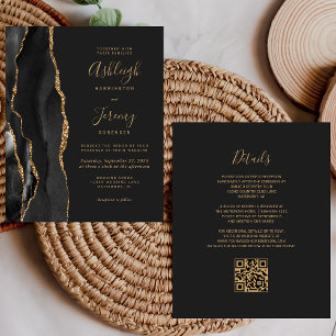 Carton d'invitation de mariage à code QR noir doré