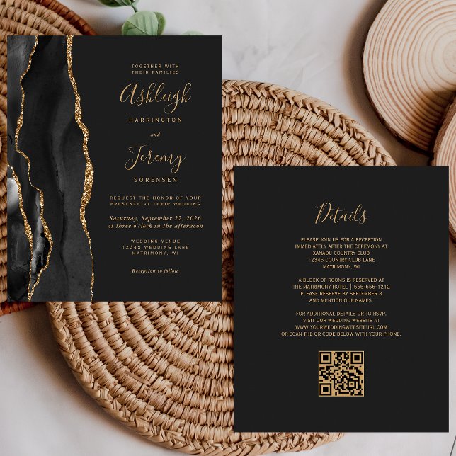 Carton d'invitation de mariage à code QR noir doré (Créateur téléchargé)
