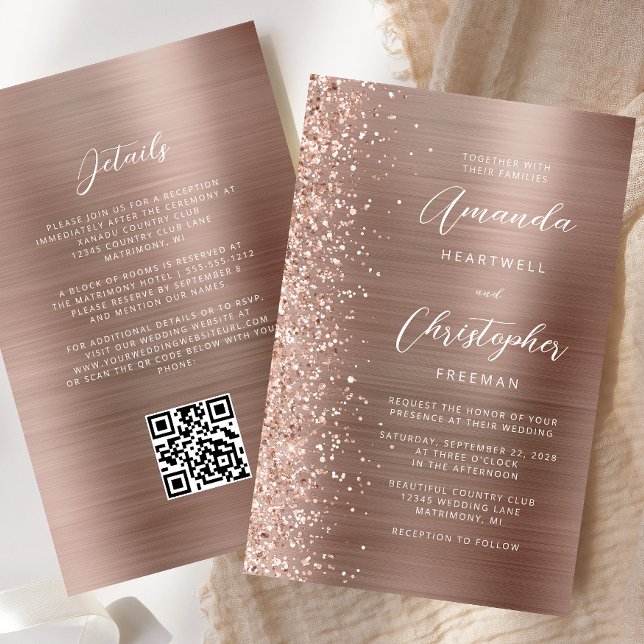Carton d'invitation de mariage à code QR Rose Gold (Créateur téléchargé)