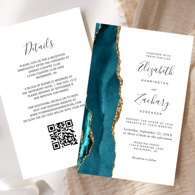 Carton d'invitation de mariage à code QR sarcelle  (Créateur téléchargé)