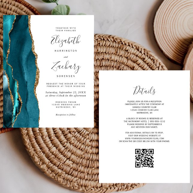 Carton d'invitation de mariage à code QR sarcelle  (Créateur téléchargé)